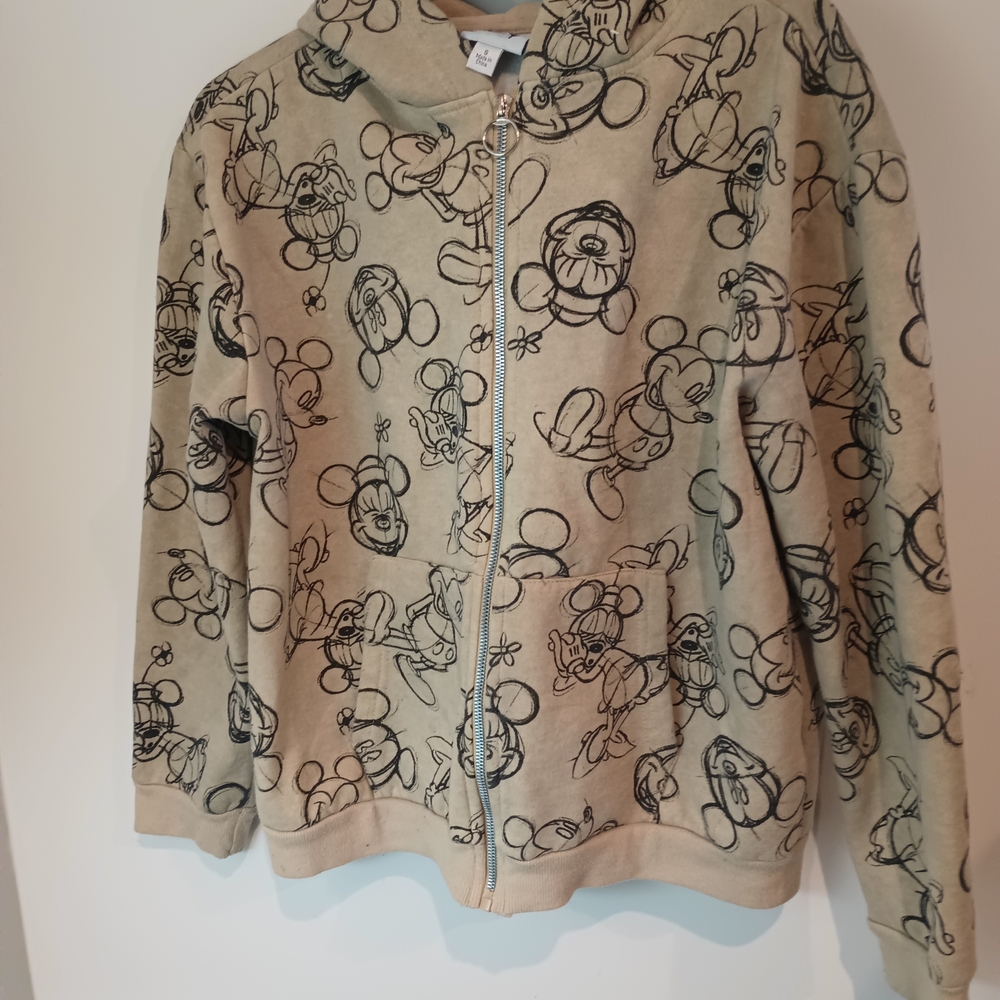 Disney Minnie Mickey Mouse Sketch Zip Up Hoodie Tan Fleece Sweatshirt Small S - Picture 2 of 8